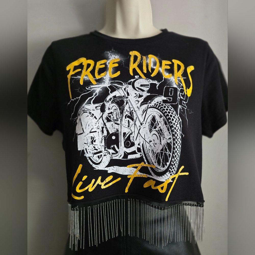 Black Crop Top with Fringe and Motorcycle Graphic
